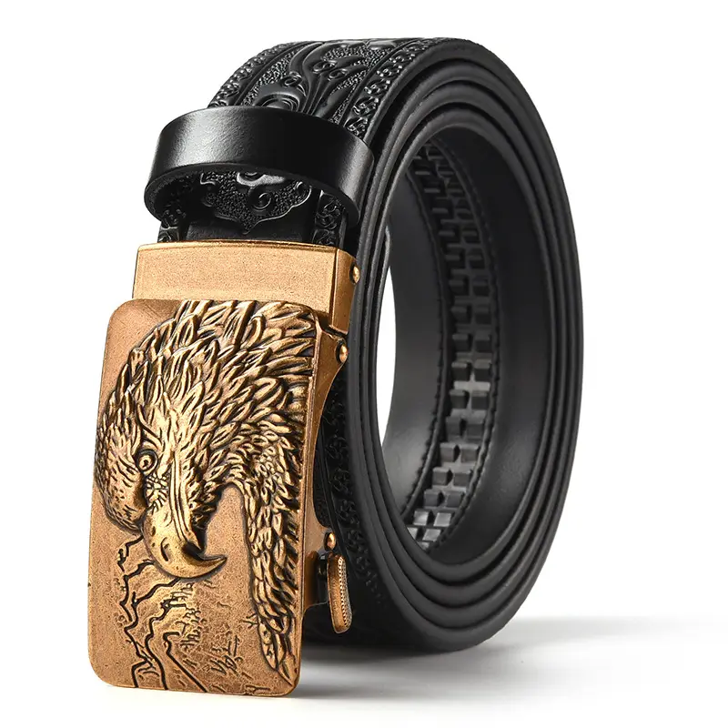 Men's Leather Belt with Gold Carved Buckle - Image 25