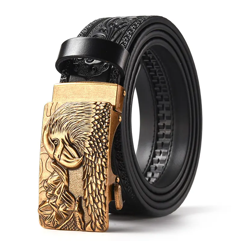 Men's Leather Belt with Gold Carved Buckle - Image 29