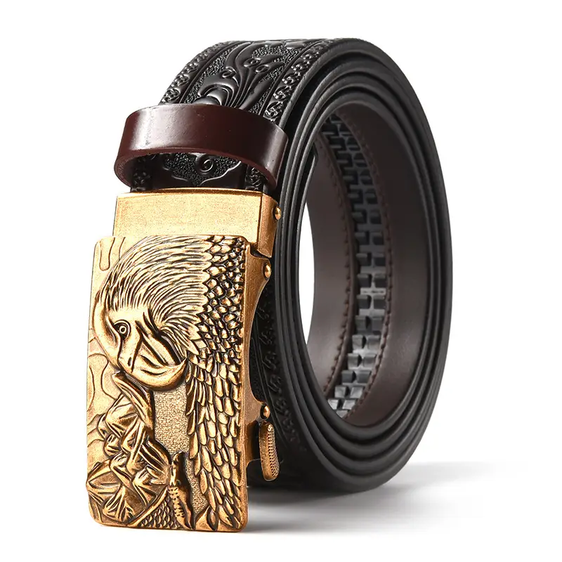 Men's Leather Belt with Gold Carved Buckle - Image 30
