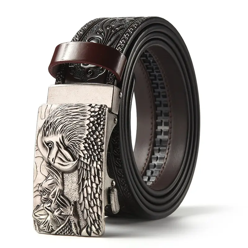 Men's Leather Belt with Gold Carved Buckle - Image 32