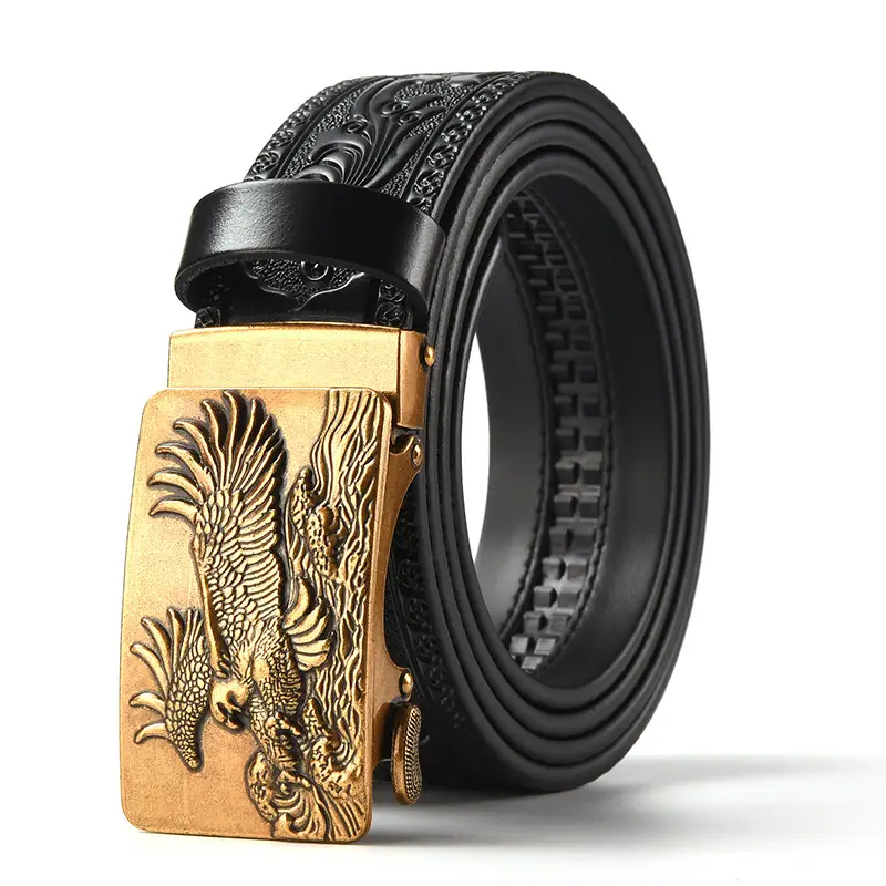 Men's Leather Belt with Gold Carved Buckle - Image 33