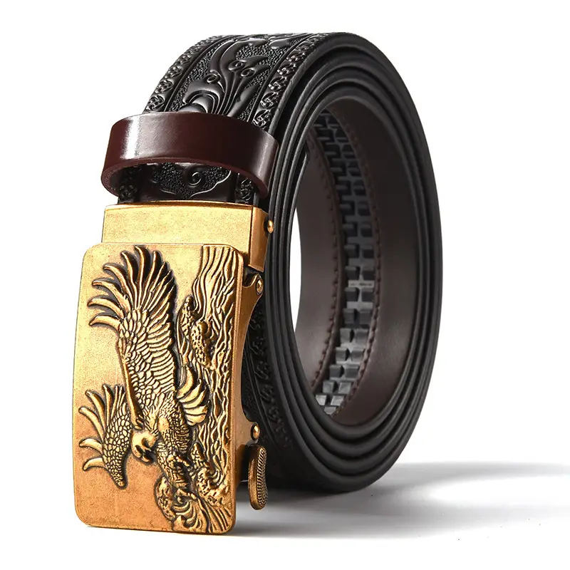 Men's Leather Belt with Gold Carved Buckle - Image 34