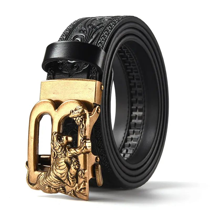 Men's Leather Belt with Gold Carved Buckle - Image 5