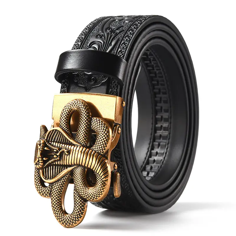 Men's Leather Belt with Gold Carved Buckle - Image 9