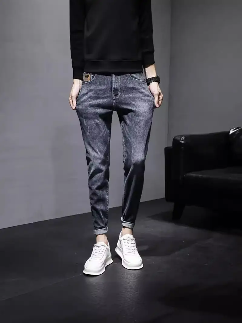 Men Slim Fit Skinny Jeans 2024 Stretch Cropped Black