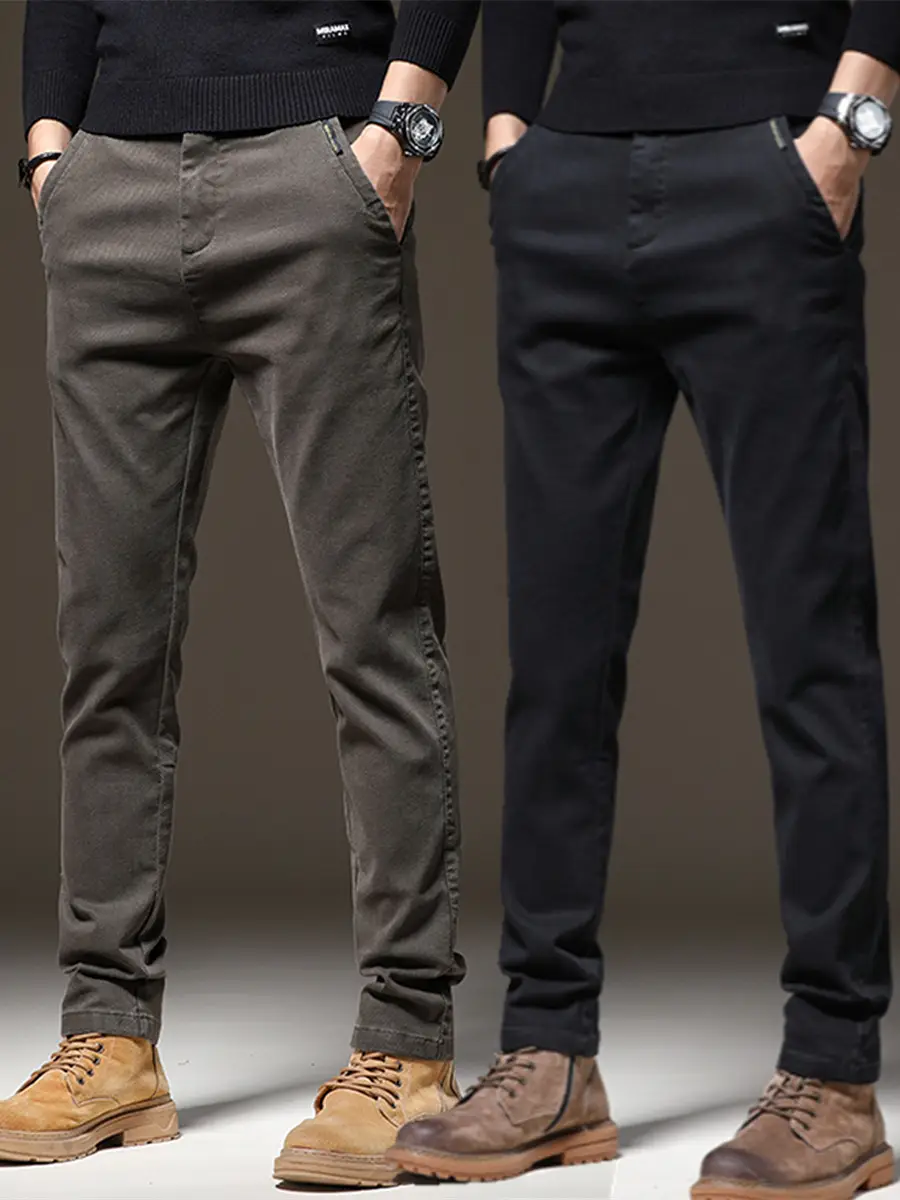 Men's Grey Slim Fit Straight Stretch Trousers Autumn Casual