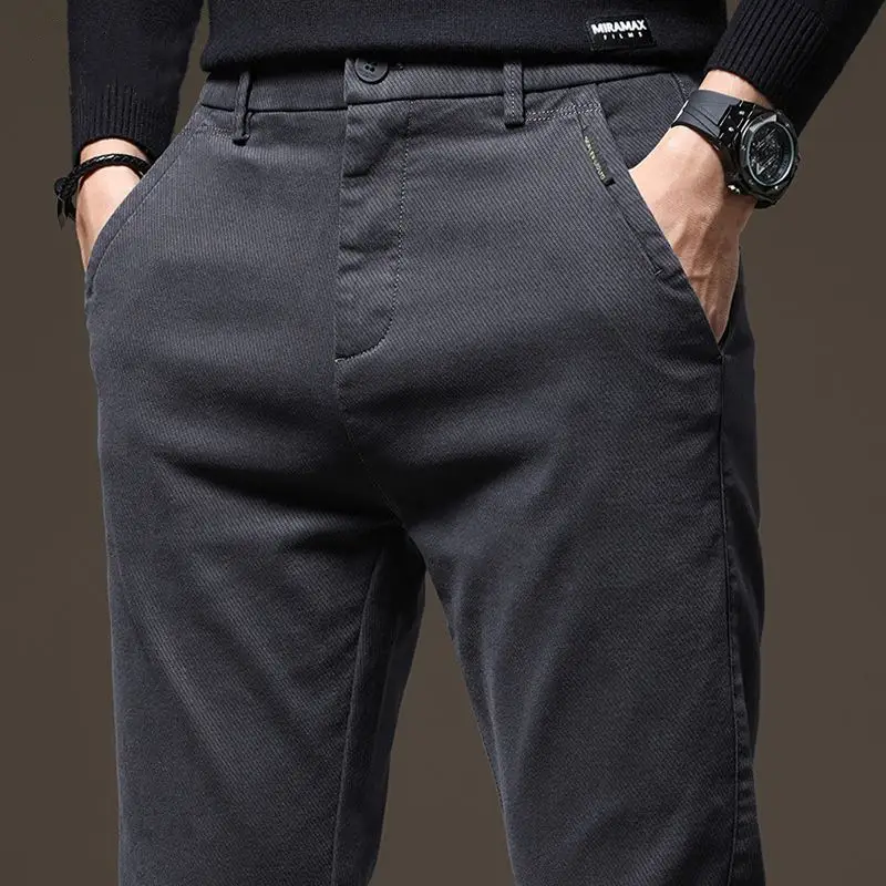 Men's Grey Slim Fit Straight Stretch Trousers Autumn Casual