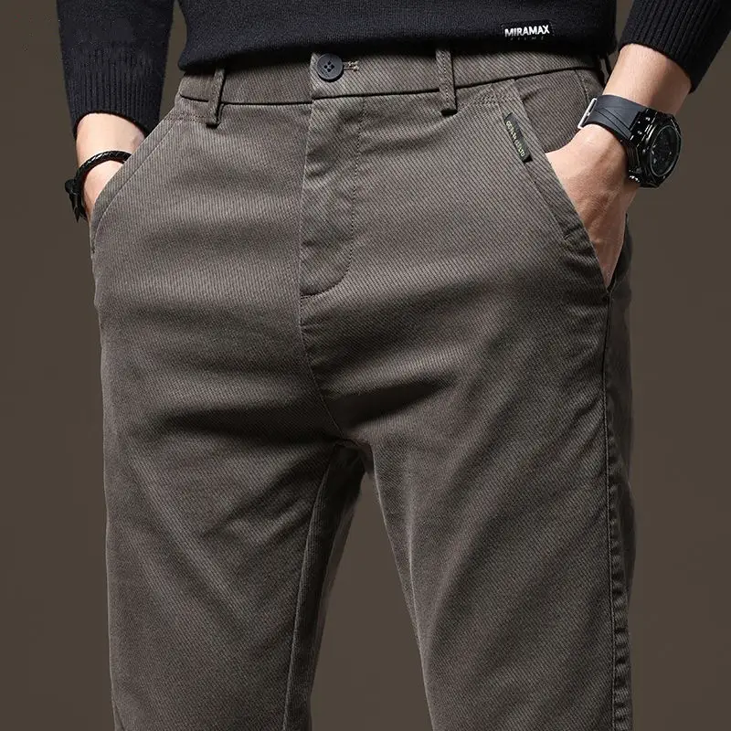 Men's Grey Slim Fit Straight Stretch Trousers Autumn Casual