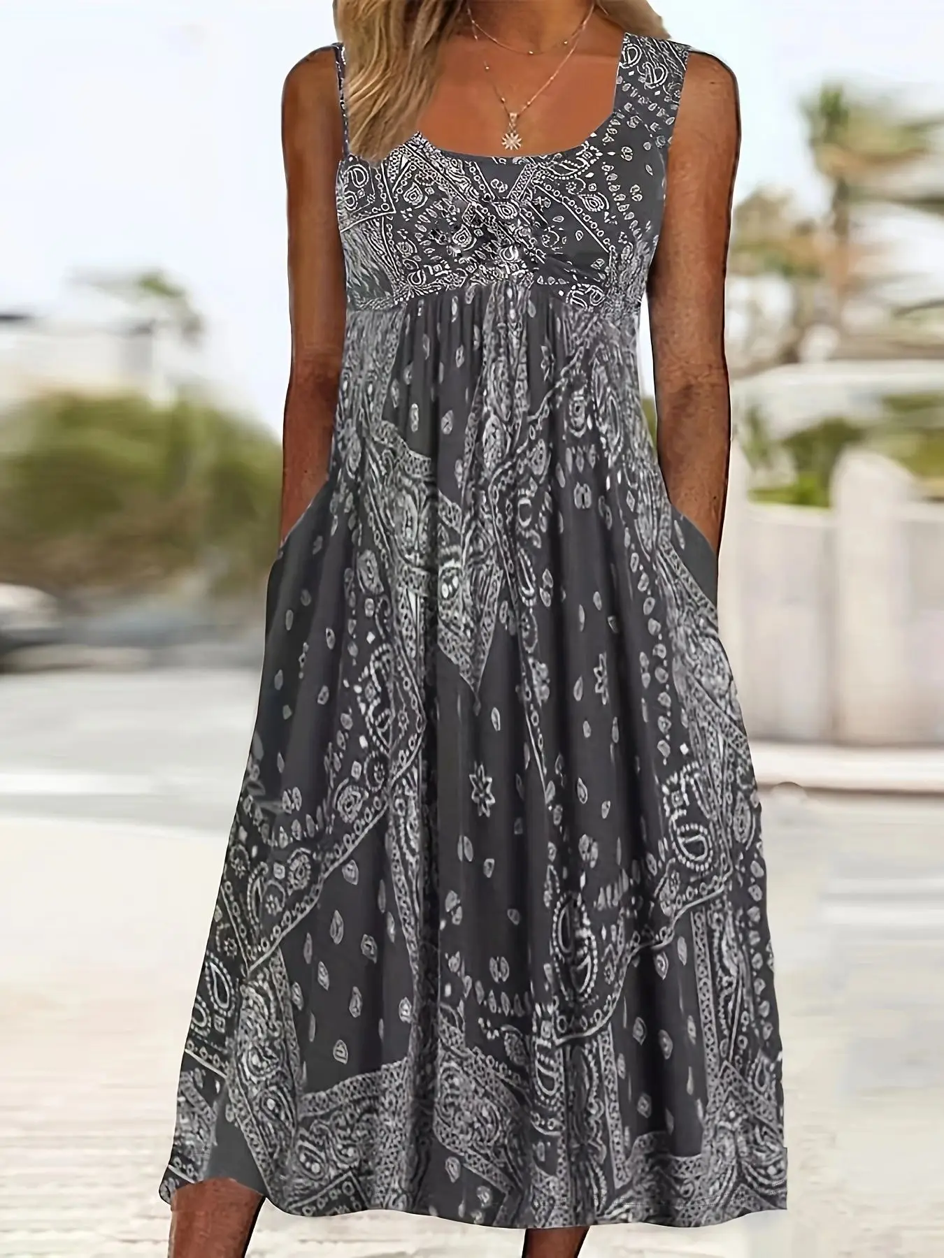 Black Printed Sleeveless Summer Dress Vintage Vessel Style - Image 4