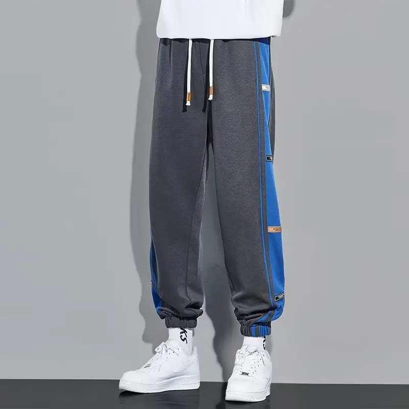 Men Fleece Lined Casual Trousers White Blue Stripes
