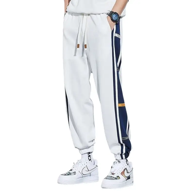 Men Fleece Lined Casual Trousers White Blue Stripes