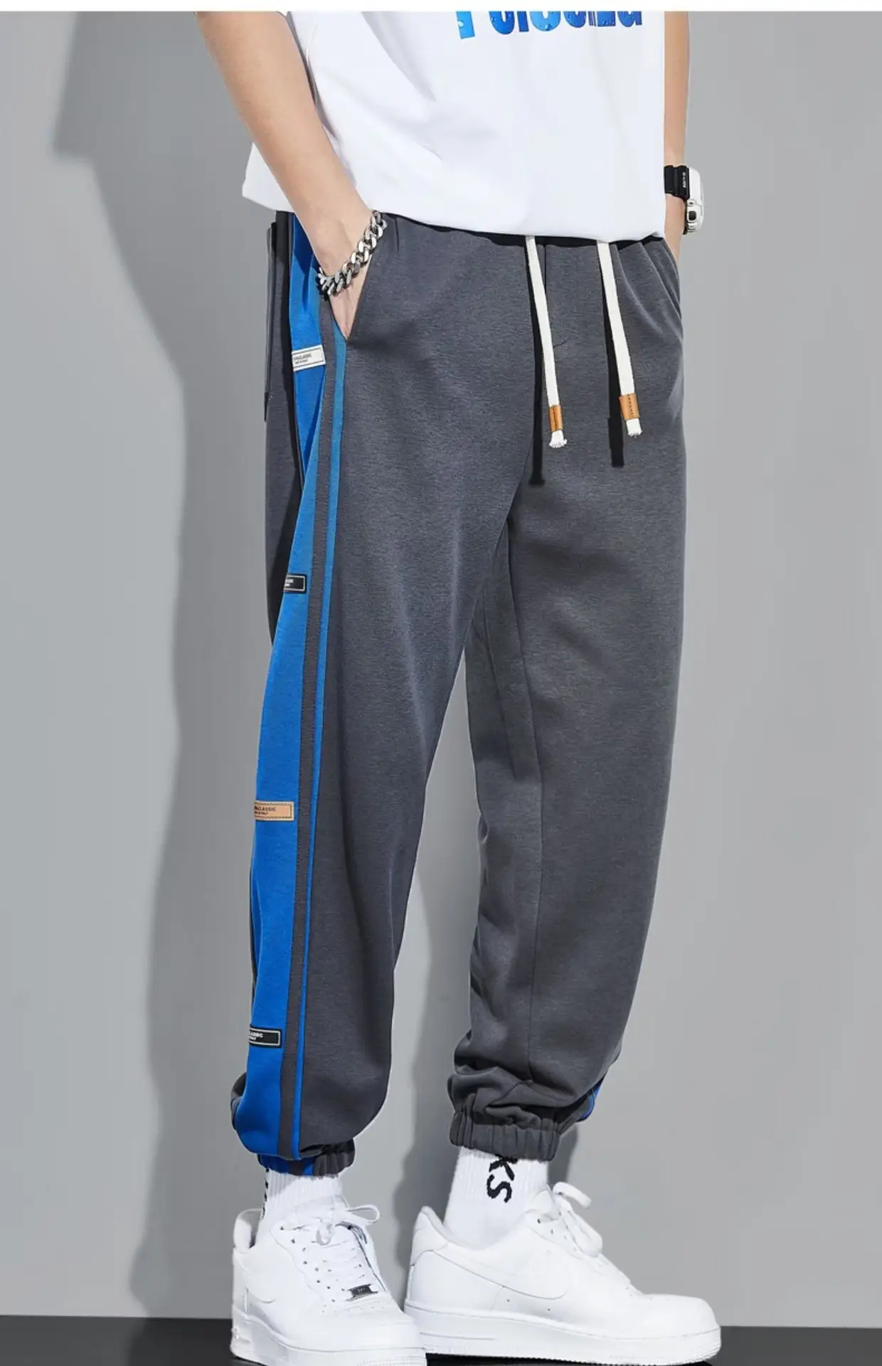 Men Fleece Lined Casual Trousers White Blue Stripes — feature 10