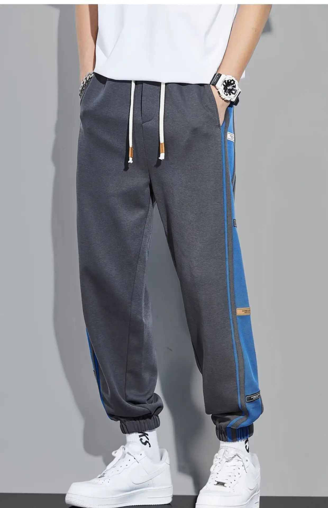 Men Fleece Lined Casual Trousers White Blue Stripes — feature 12