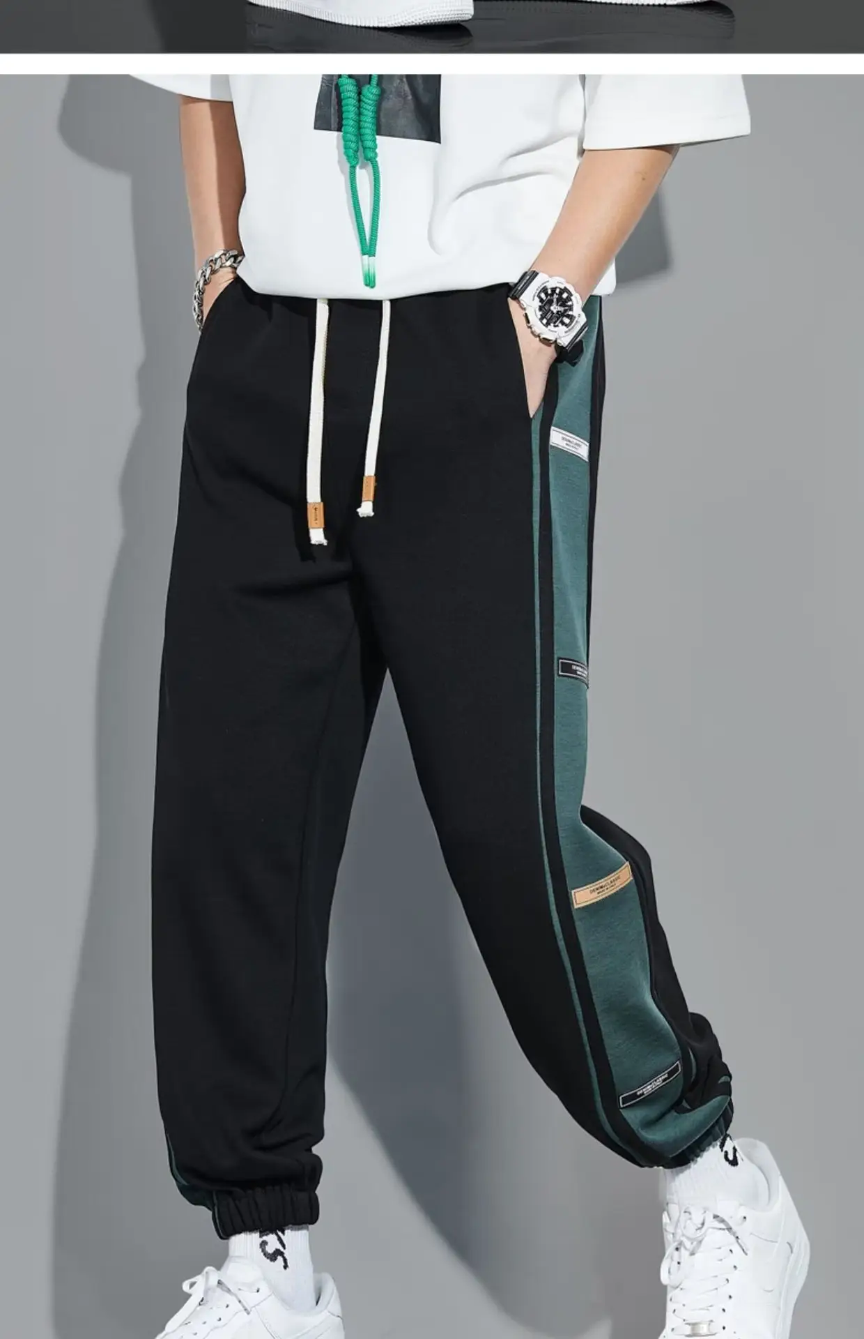 Men Fleece Lined Casual Trousers White Blue Stripes — feature 14