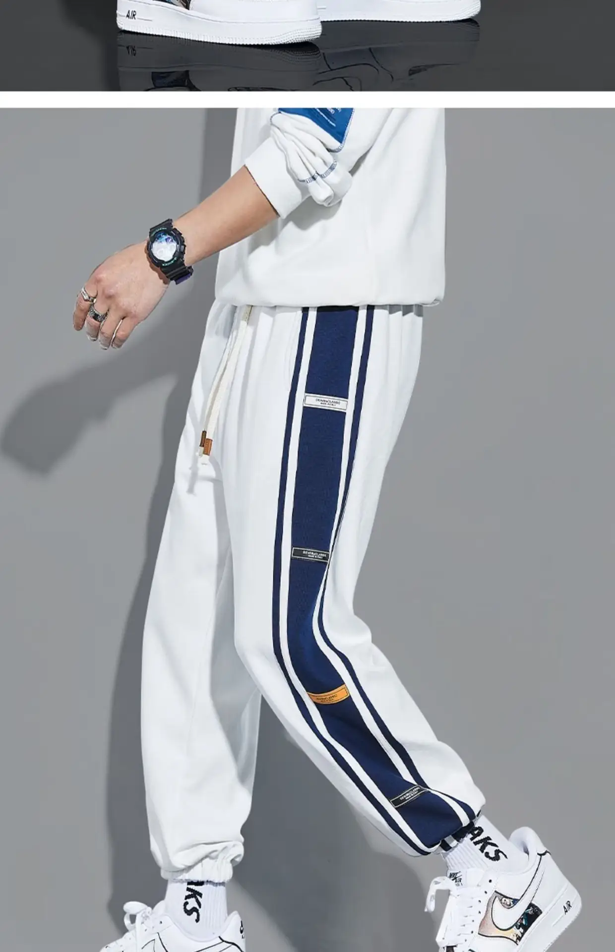 Men Fleece Lined Casual Trousers White Blue Stripes — feature 16