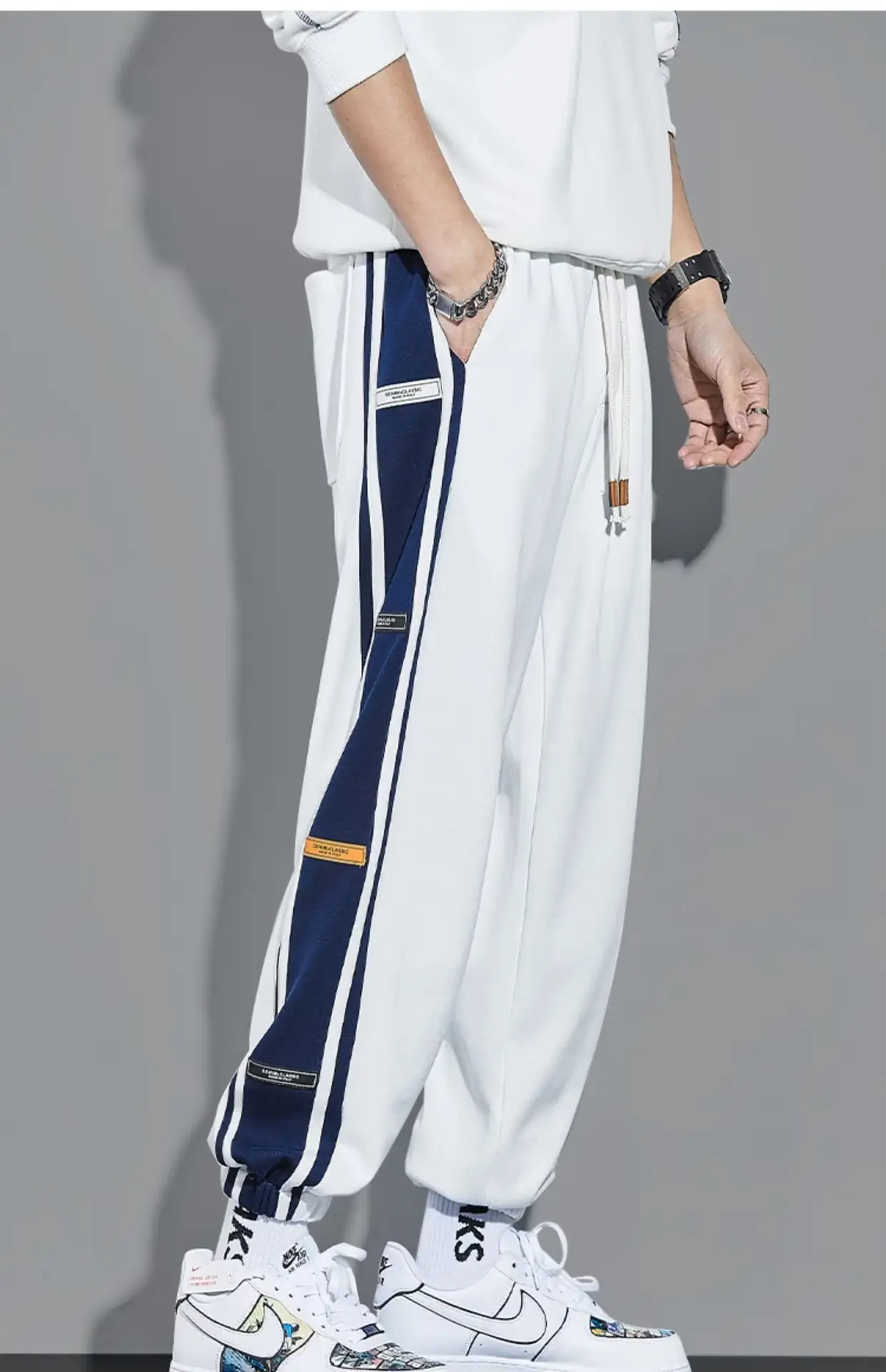 Men Fleece Lined Casual Trousers White Blue Stripes — feature 17