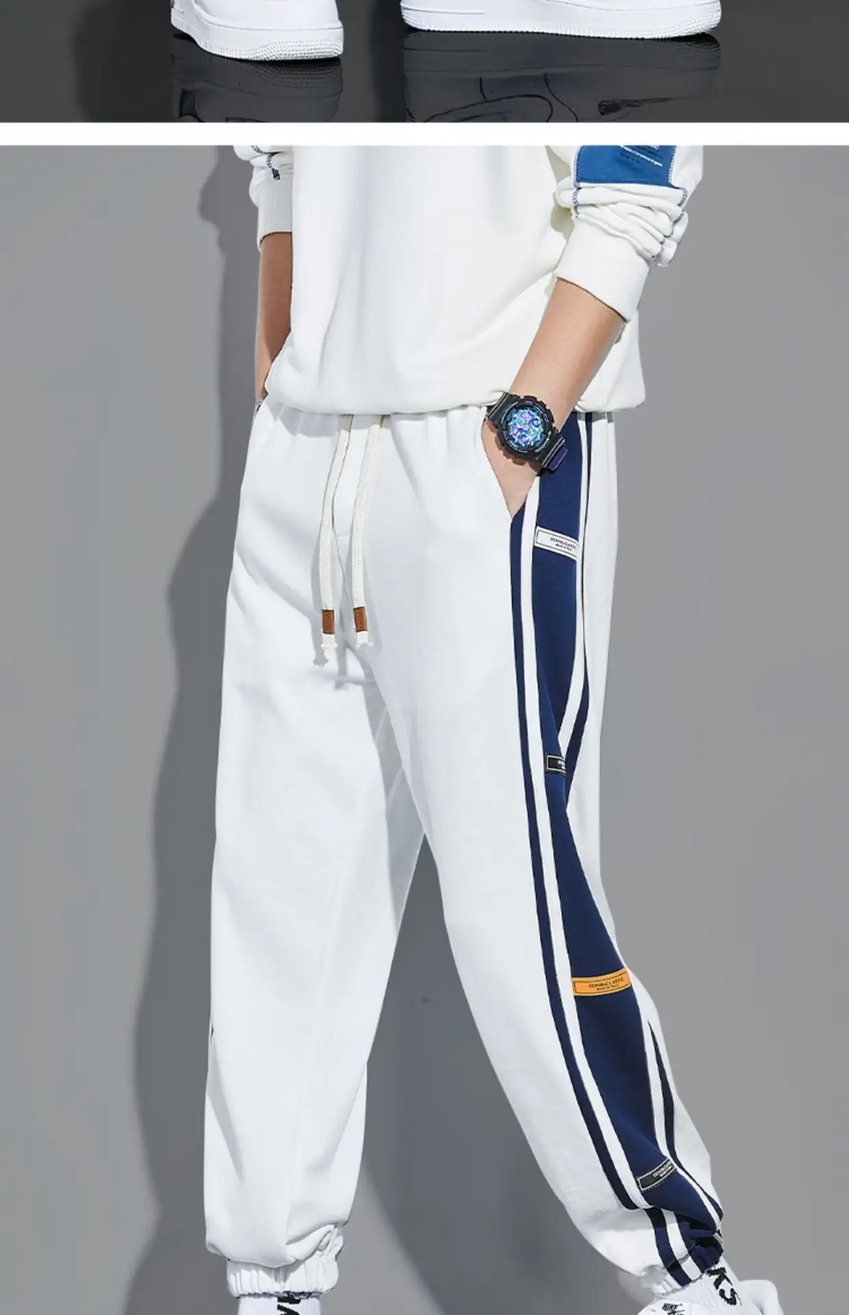 Men Fleece Lined Casual Trousers White Blue Stripes — feature 18