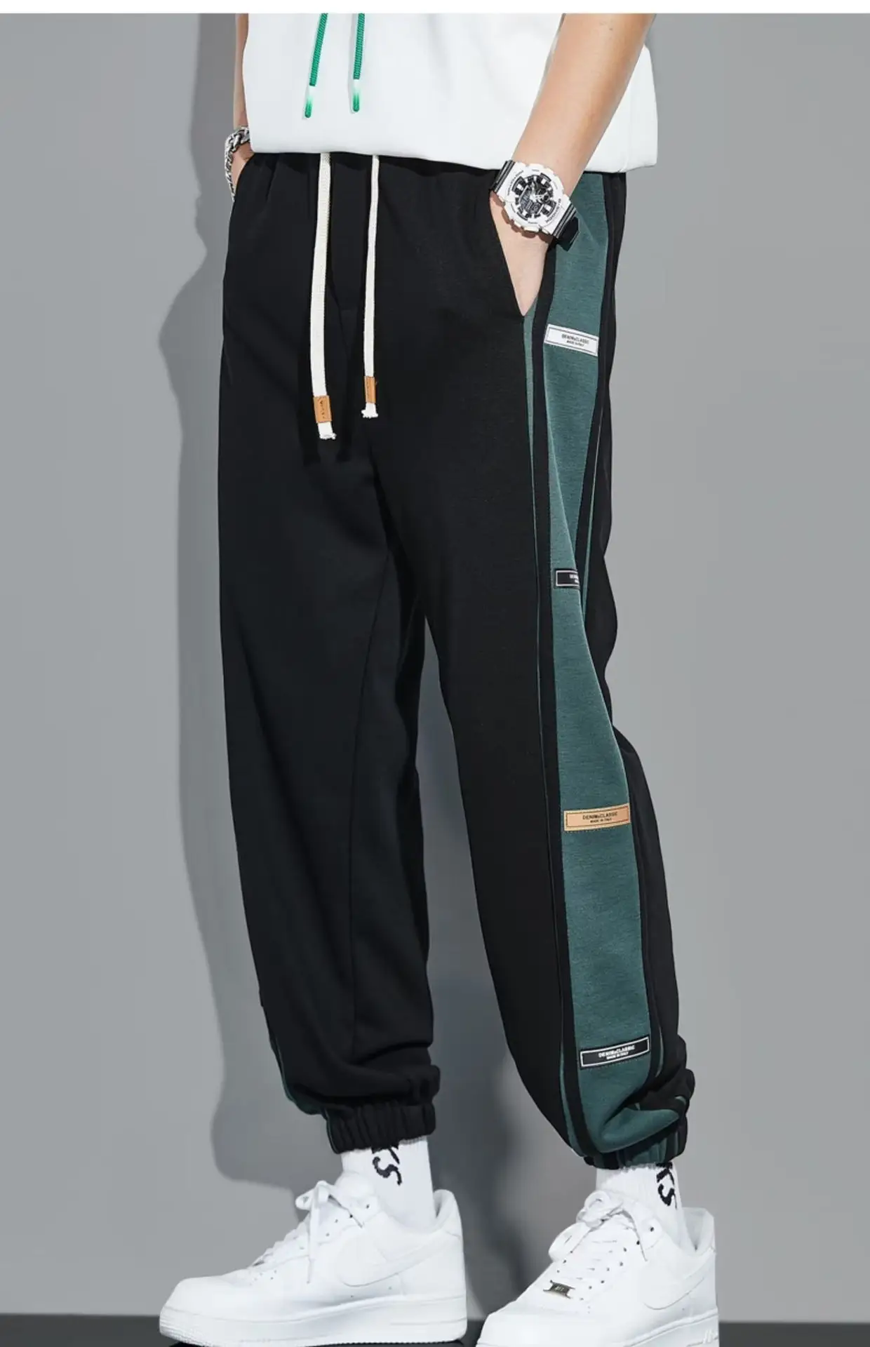 Men Fleece Lined Casual Trousers White Blue Stripes — feature 21