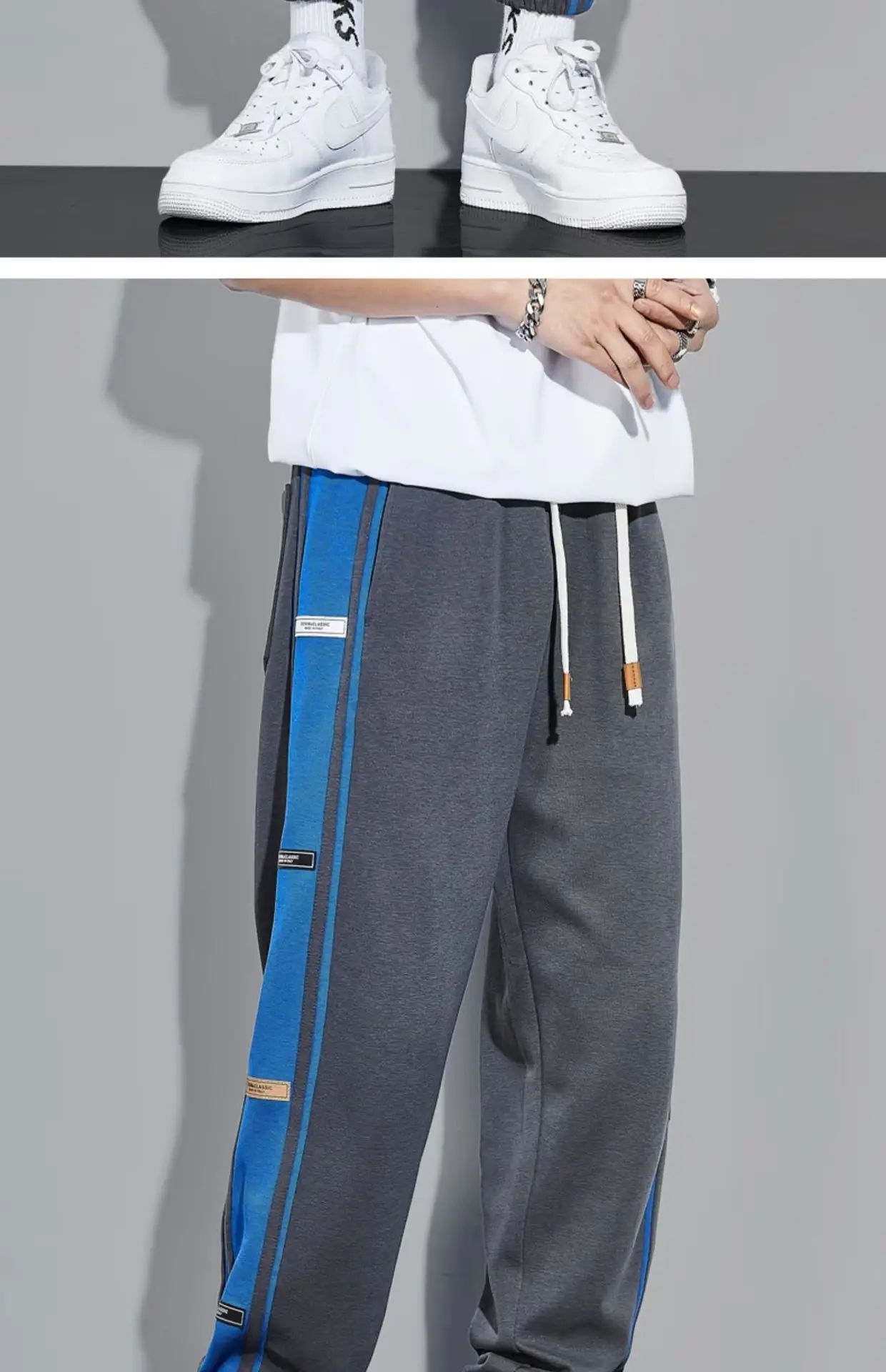 Men Fleece Lined Casual Trousers White Blue Stripes — feature 7