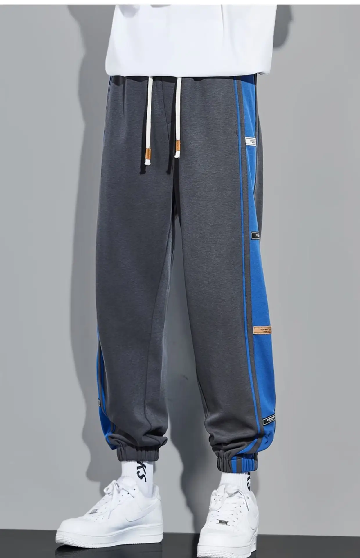 Men Fleece Lined Casual Trousers White Blue Stripes — feature 8