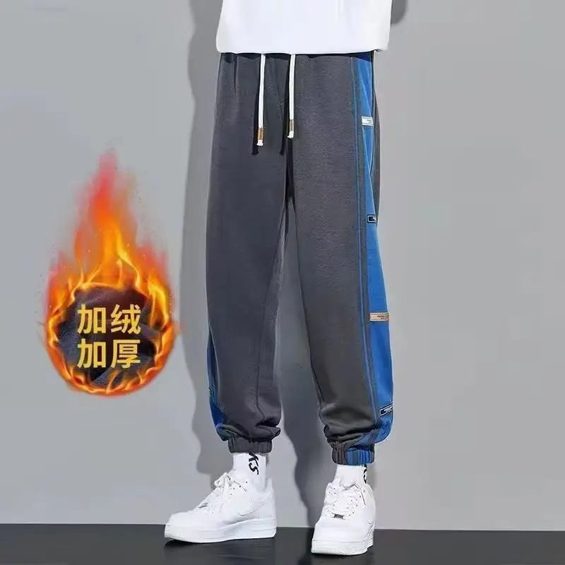 Men Fleece Lined Casual Trousers White Blue Stripes