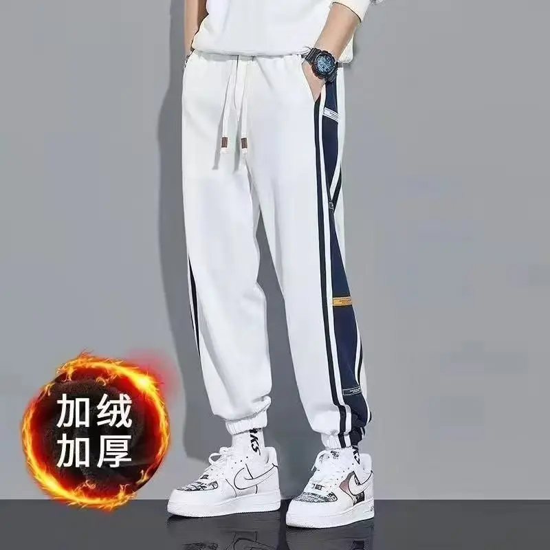 Men Fleece Lined Casual Trousers White Blue Stripes