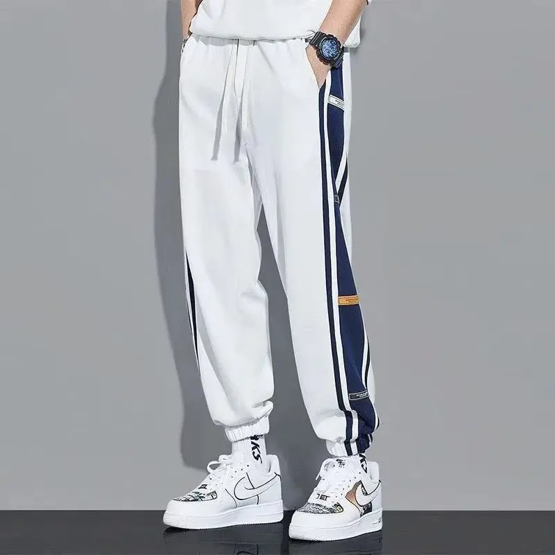 Men Fleece Lined Casual Trousers White Blue Stripes