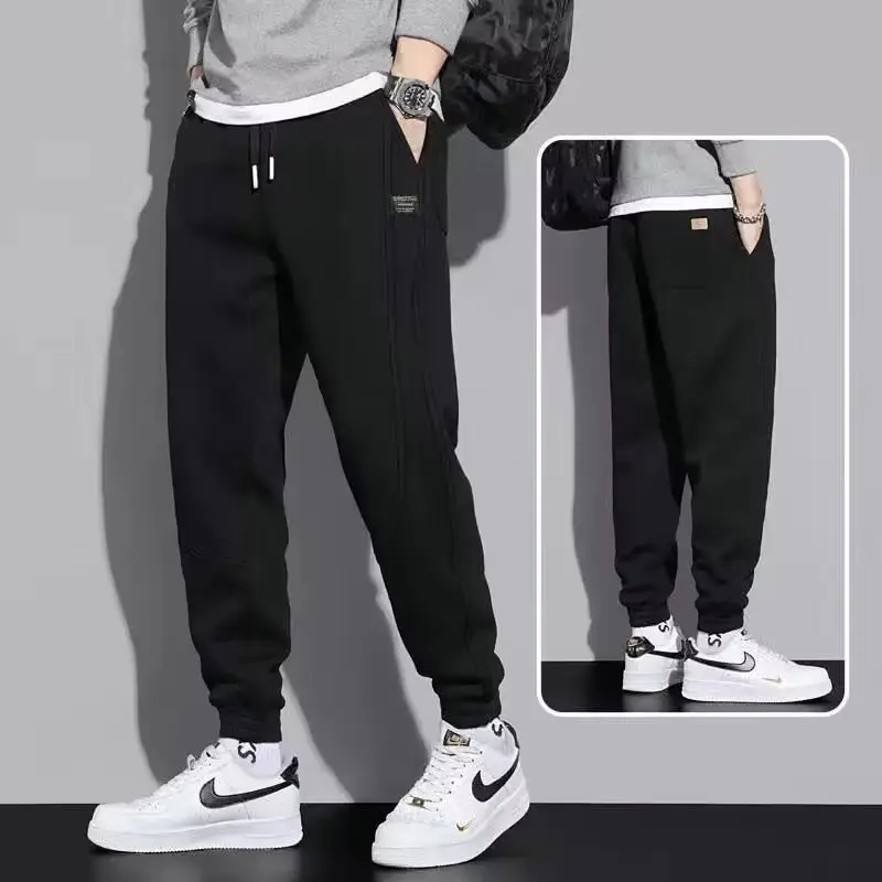 Men Fleece Lined Casual Trousers White Blue Stripes