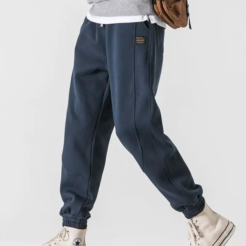 Men Fleece Lined Casual Trousers White Blue Stripes