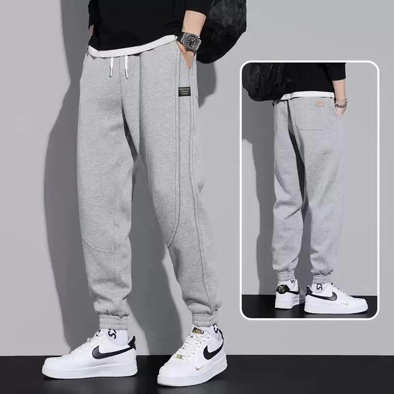 Men Fleece Lined Casual Trousers White Blue Stripes