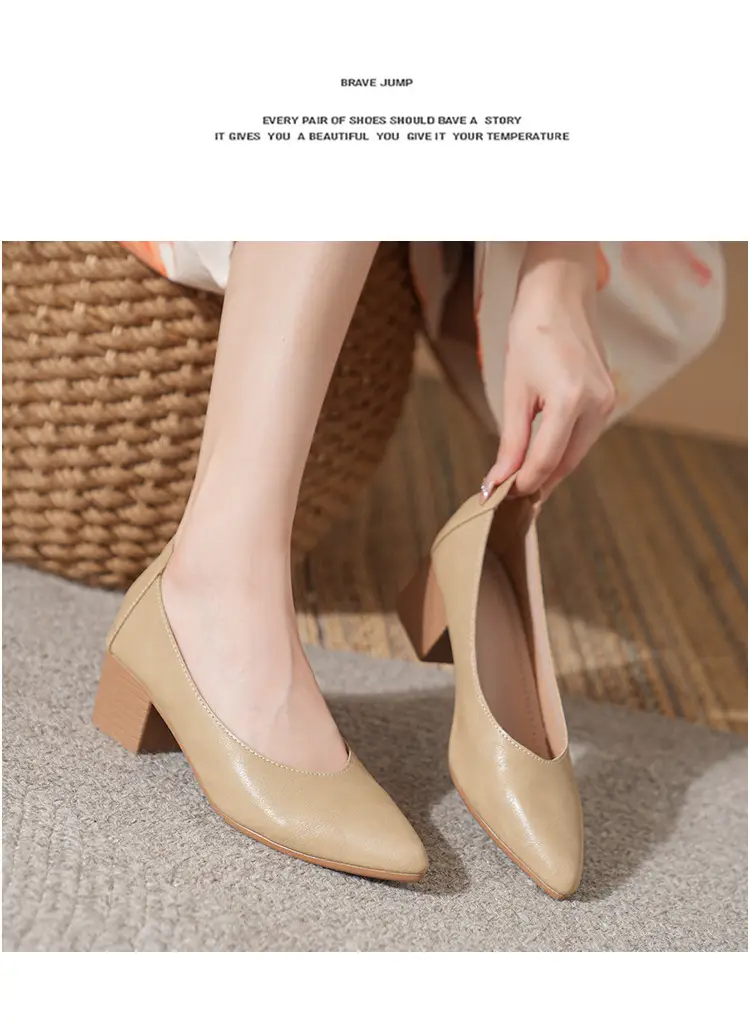 Soft Leather Granny Shoes with Chunky Heels and Pointed Toes, Women's Mid-Heel Shoes, 2024 New Spring and Autumn Versatile Soft Leather Shallow High Heels — feature 15