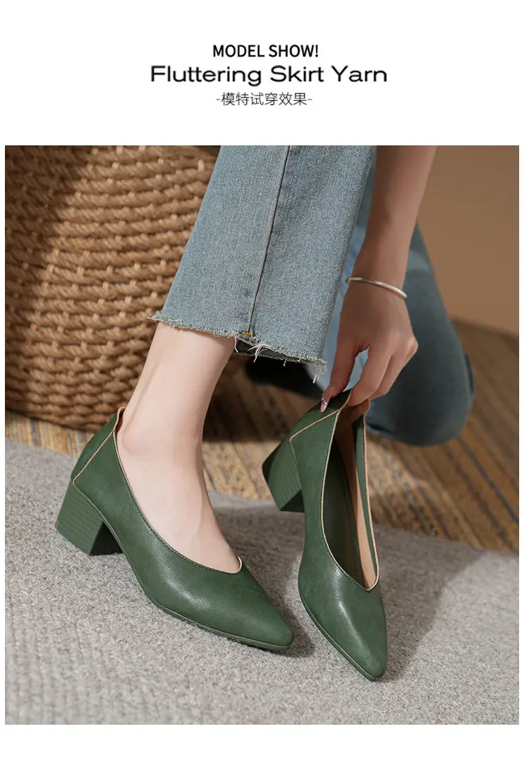 Soft Leather Granny Shoes with Chunky Heels and Pointed Toes, Women's Mid-Heel Shoes, 2024 New Spring and Autumn Versatile Soft Leather Shallow High Heels — feature 23