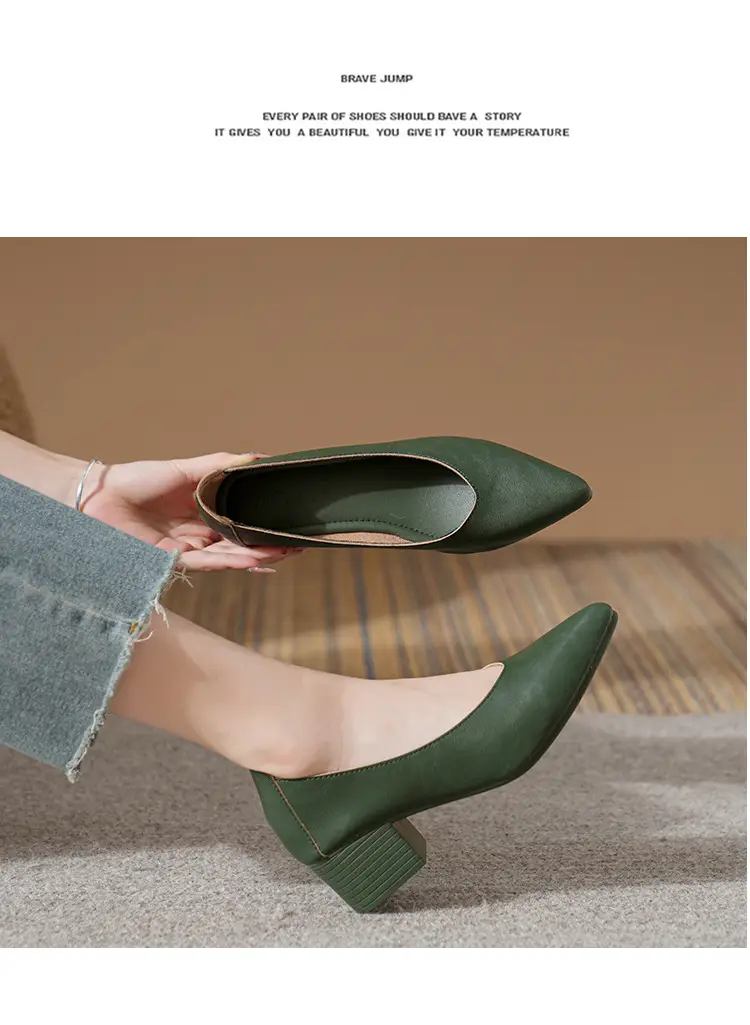 Soft Leather Granny Shoes with Chunky Heels and Pointed Toes, Women's Mid-Heel Shoes, 2024 New Spring and Autumn Versatile Soft Leather Shallow High Heels — feature 24