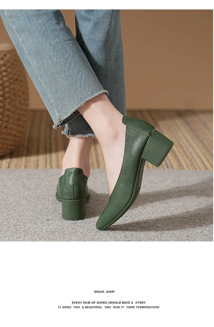 Soft Leather Granny Shoes with Chunky Heels and Pointed Toes, Women's Mid-Heel Shoes, 2024 New Spring and Autumn Versatile Soft Leather Shallow High Heels — feature 25