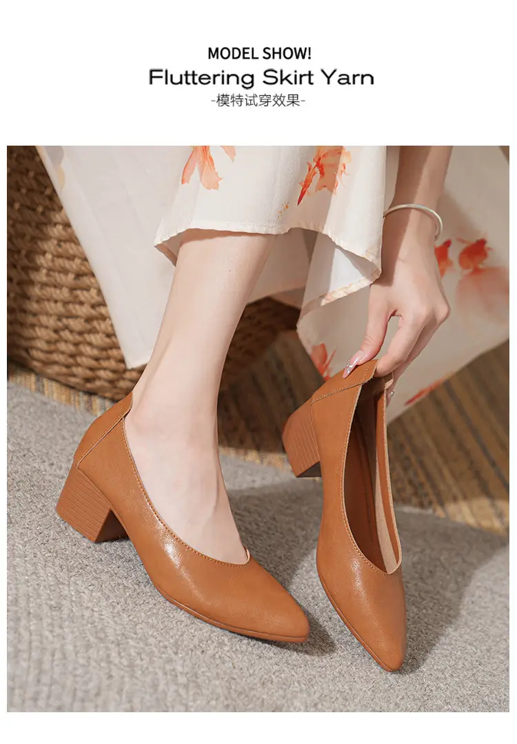 Soft Leather Granny Shoes with Chunky Heels and Pointed Toes, Women's Mid-Heel Shoes, 2024 New Spring and Autumn Versatile Soft Leather Shallow High Heels — feature 29