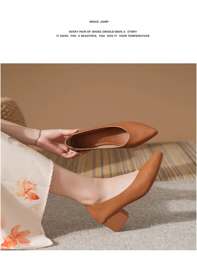 Soft Leather Granny Shoes with Chunky Heels and Pointed Toes, Women's Mid-Heel Shoes, 2024 New Spring and Autumn Versatile Soft Leather Shallow High Heels — feature 30