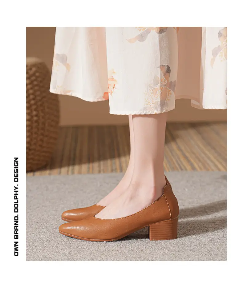 Soft Leather Granny Shoes with Chunky Heels and Pointed Toes, Women's Mid-Heel Shoes, 2024 New Spring and Autumn Versatile Soft Leather Shallow High Heels — feature 31