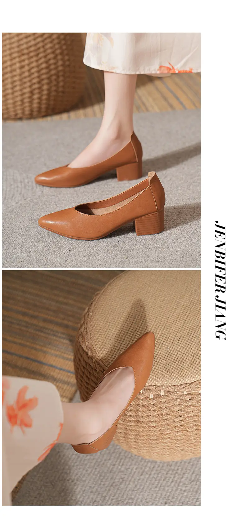Soft Leather Granny Shoes with Chunky Heels and Pointed Toes, Women's Mid-Heel Shoes, 2024 New Spring and Autumn Versatile Soft Leather Shallow High Heels — feature 34