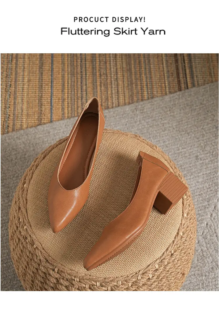 Soft Leather Granny Shoes with Chunky Heels and Pointed Toes, Women's Mid-Heel Shoes, 2024 New Spring and Autumn Versatile Soft Leather Shallow High Heels — feature 35
