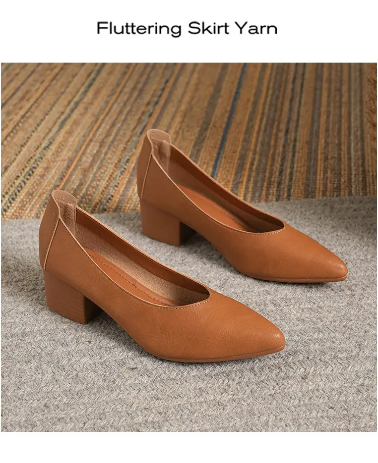 Soft Leather Granny Shoes with Chunky Heels and Pointed Toes, Women's Mid-Heel Shoes, 2024 New Spring and Autumn Versatile Soft Leather Shallow High Heels — feature 36