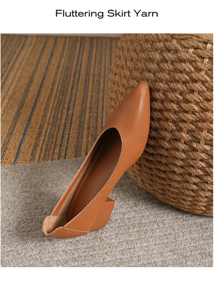 Soft Leather Granny Shoes with Chunky Heels and Pointed Toes, Women's Mid-Heel Shoes, 2024 New Spring and Autumn Versatile Soft Leather Shallow High Heels — feature 37