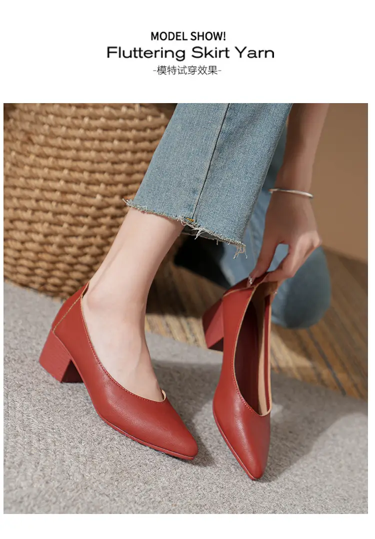 Soft Leather Granny Shoes with Chunky Heels and Pointed Toes, Women's Mid-Heel Shoes, 2024 New Spring and Autumn Versatile Soft Leather Shallow High Heels — feature 38