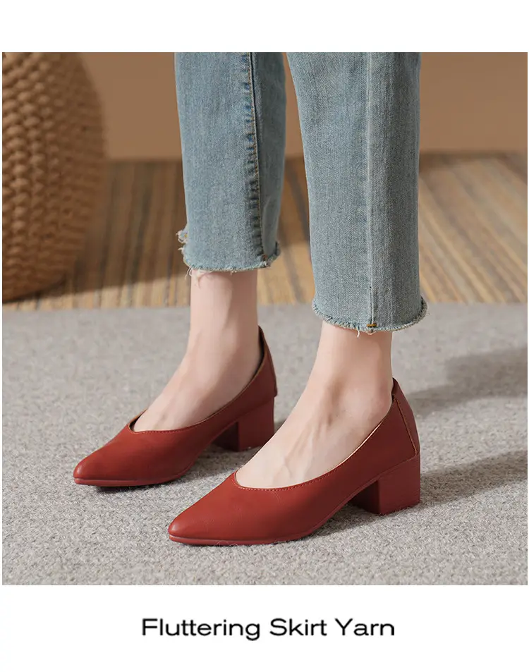 Soft Leather Granny Shoes with Chunky Heels and Pointed Toes, Women's Mid-Heel Shoes, 2024 New Spring and Autumn Versatile Soft Leather Shallow High Heels — feature 41