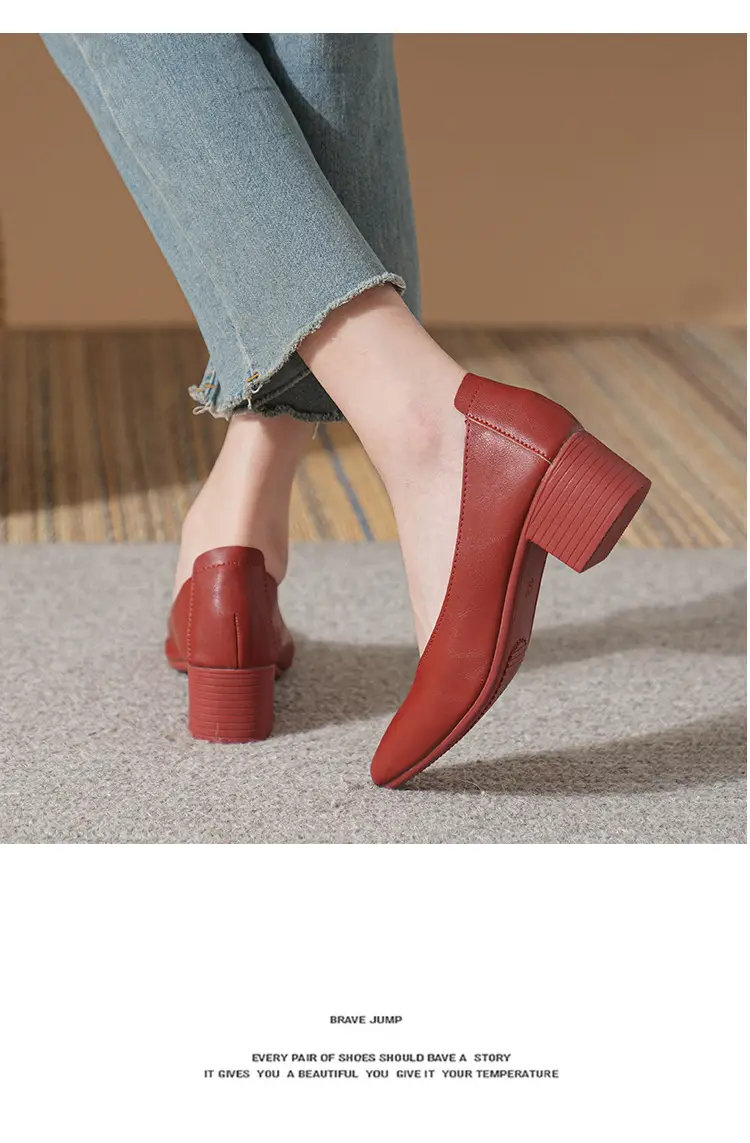 Soft Leather Granny Shoes with Chunky Heels and Pointed Toes, Women's Mid-Heel Shoes, 2024 New Spring and Autumn Versatile Soft Leather Shallow High Heels — feature 42