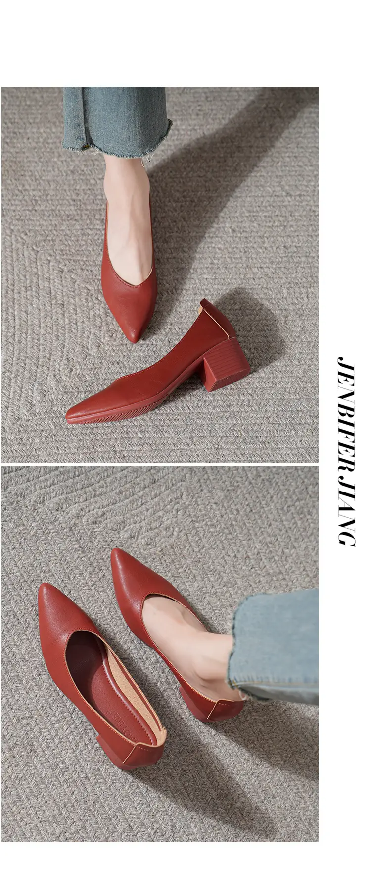 Soft Leather Granny Shoes with Chunky Heels and Pointed Toes, Women's Mid-Heel Shoes, 2024 New Spring and Autumn Versatile Soft Leather Shallow High Heels — feature 43