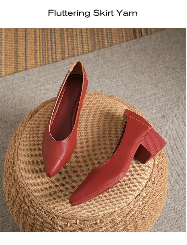 Soft Leather Granny Shoes with Chunky Heels and Pointed Toes, Women's Mid-Heel Shoes, 2024 New Spring and Autumn Versatile Soft Leather Shallow High Heels — feature 44