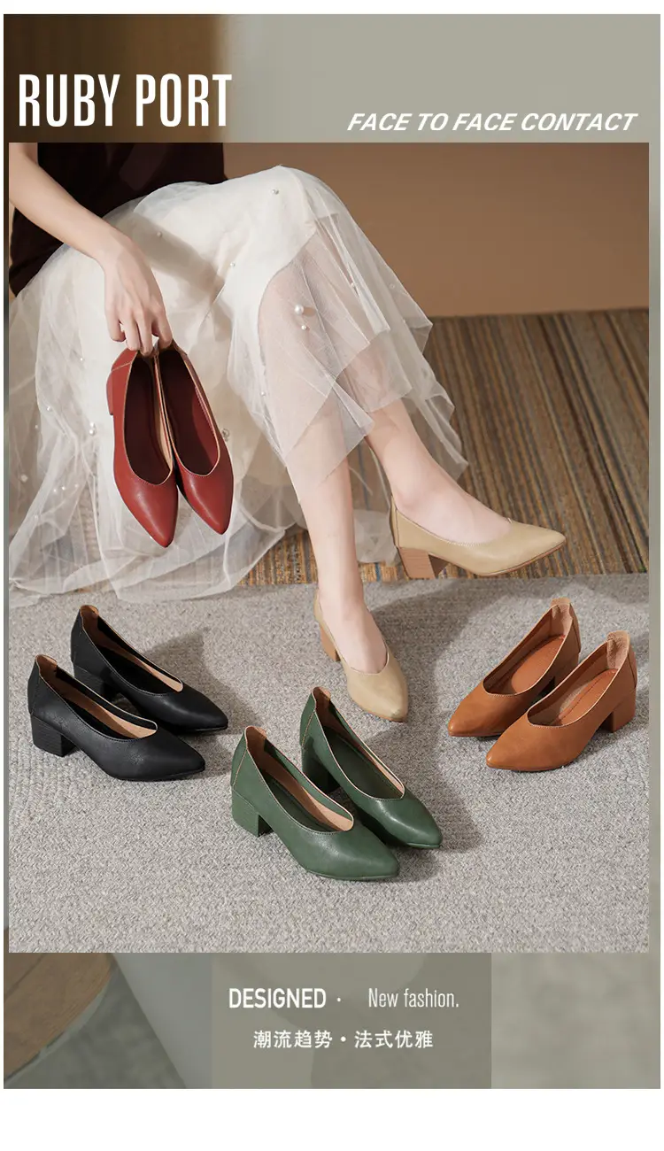 Soft Leather Granny Shoes with Chunky Heels and Pointed Toes, Women's Mid-Heel Shoes, 2024 New Spring and Autumn Versatile Soft Leather Shallow High Heels — feature 7