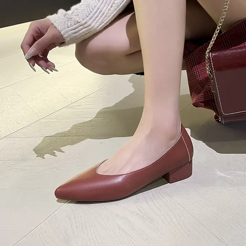 Soft Leather Granny Shoes with Chunky Heels and Pointed Toes, Women's Mid-Heel Shoes, 2024 New Spring and Autumn Versatile Soft Leather Shallow High Heels - Image 8