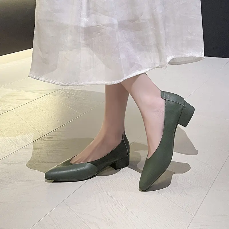 Soft Leather Granny Shoes with Chunky Heels and Pointed Toes, Women's Mid-Heel Shoes, 2024 New Spring and Autumn Versatile Soft Leather Shallow High Heels - Image 9