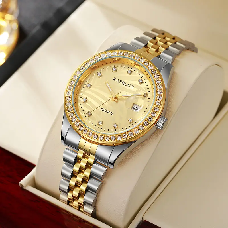Watch for Men with Diamond Inlay, Couple's Steel Band, Calendar, Student, Adult, Fully Automatic Quartz Watch, Metal Scale, Large Dial